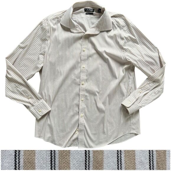 Lauren Ralph Lauren Black Label Tan White Striped Dress Shirt Men's size XL - Picture 1 of 10